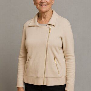 Chico's Cream Sweater Jacket Faux Leather Collar‎ Asymmetrical Gold Zipper XL